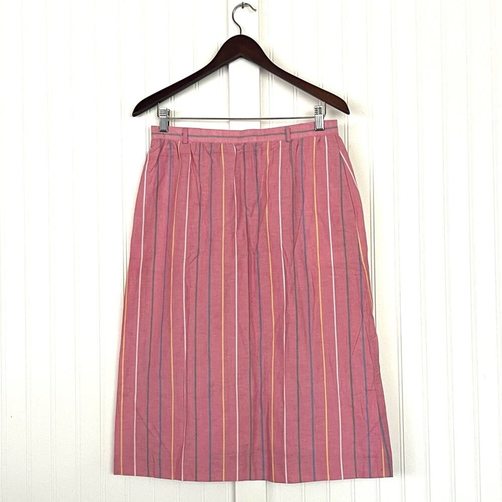 Vintage 1980's Pink Striped Skirt Preppy Midi Length Country Club Polo Cute Med
